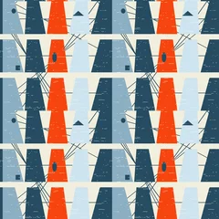 Behang Abstract geometrisch vector naadloos patroon geïnspireerd door moderne stoffen uit het midden van de eeuw. Eenvoudige vormen en lijnen in retro pastelkleuren en gestructureerde achtergrond. Knipmasker wordt gebruikt voor eenvoudige bewerking. © dinadankersdesign
