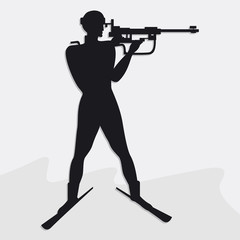 Biathlon. Biathlete, silhouette, aims from a gun - isolated on white background - illustration, vector. Winter sport.