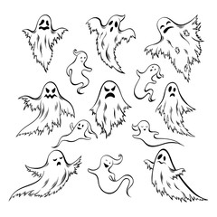Hand drawn doodle  ghost set. Collection of Halloween symbol. Ma