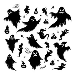 Hand drawn black silhouette of doodle  ghost and pumpkin set. Co