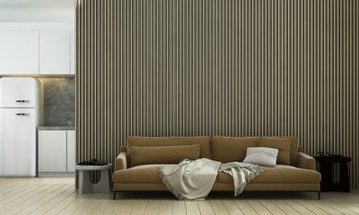 Modern minimal living room interior design and wood tiletexture wall pattern background and kitchen room