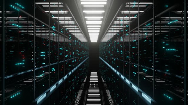 Data center with endless servers. Network and information servers behind glass panels.Server room with twinkling lights. 4K high quality loop animation