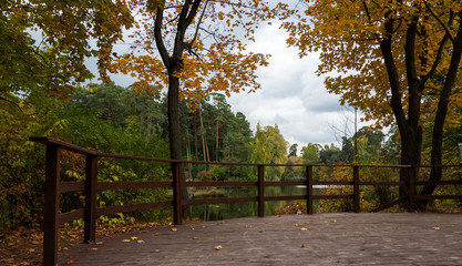 Autumn, river, trees, wooden flooring.