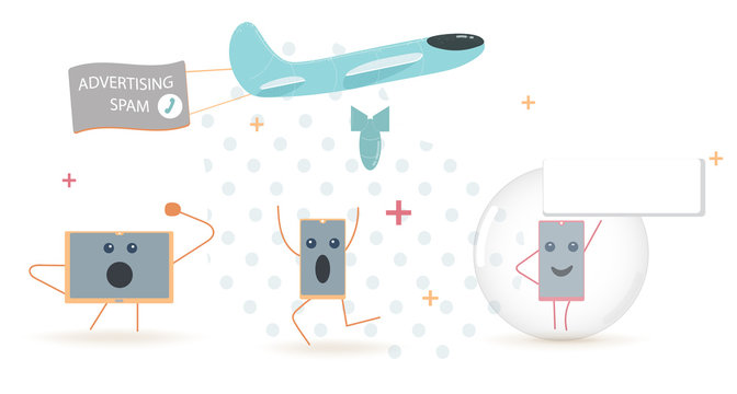 Airplane drops bomb. Mobile phones in panic. Phone spam protection. Ad blocking. Program protection from advertising managers, robots and spammers. Cartoon vector illustration. 