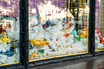 Many Plastic bags street installation in Vsi Svoi store, Keiv. Pollution problem concept, say no to plastic bags. Ecological problem, Zero waste, No plastic concept. Kiev, Ukraine - September 02, 2019