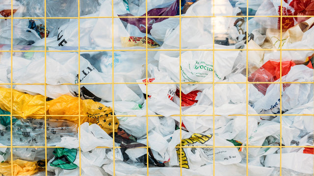 Many Plastic bags street installation in Vsi Svoi store, Keiv. Pollution problem concept, say no to plastic bags. Ecological problem, Zero waste, No plastic concept. Kiev, Ukraine - September 02, 2019