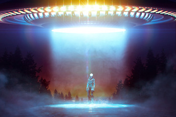 Close encounter with an Alien under a Flying saucer with ray lights on a road in the wood - 3D rendering - obrazy, fototapety, plakaty