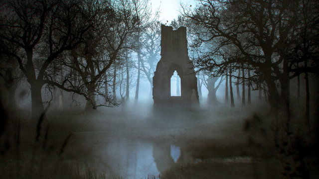 Ghost haunting a ruins of a Cathedral in a misty forest near a lake - photomanipulation 