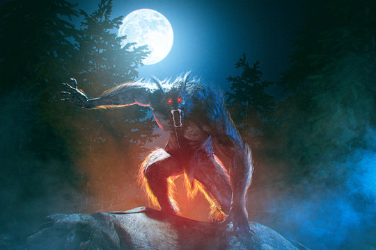 Scary Werewolf in misty moonlight night in the forest - 3D rendering