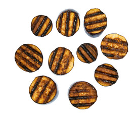 grilled chopped by circles eggplants  isolated on white background. Top view.