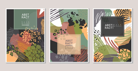 Vector collection of trendy creative collage cards with cut paper, animal skin and different textures.