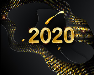 Happy New 2020 Year. Vector holiday illustration. Golden numbers on black background textured with shimmering glitters. Halftone glowing pattern. Christmas holiday greeting card on black background.