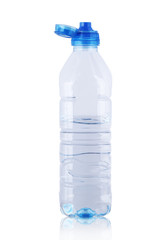 plastic open bottle with mineral water half full
