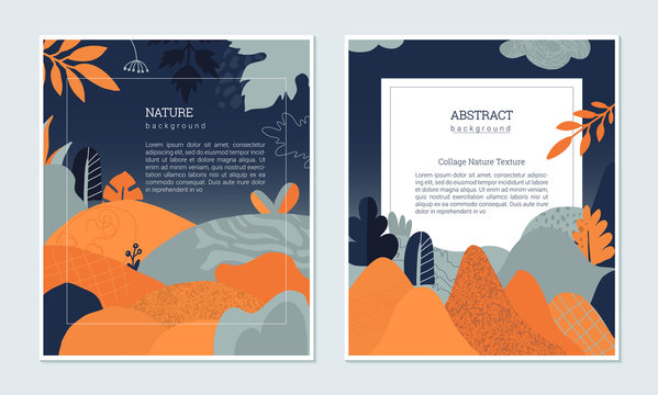 Set of vector modern artistic posters with hand drawn textures, plants, leaves and cut out paper shapes.