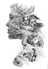 Paintography. Double exposure profile of a young natural beauty, with face and hair combined with hand drawn leaves and flowers dissolving into the background, black and white