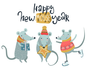 Vector Happy Ney Year greeting card with cute mice with gifts.
