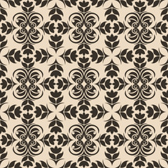 Seamless Pattern of abstract elements or butterflies and leaves with flowers of dark color on a beige background. Decoration for fabrics or tiles.