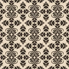 Foto op Plexiglas Seamless Pattern of abstract elements or butterflies and leaves with flowers of dark color on a beige background. Decoration for fabrics or tiles. © ejelo