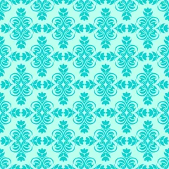 Foto op Plexiglas Periodic Seamless Pattern of abstract elements or butterflies and leaves with blue flowers on a turquoise background. Decoration for fabrics or tiles. © ejelo