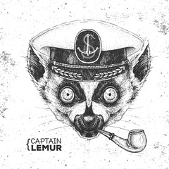 Hipster animal lemur captain's cap and smoking pipe. Hand drawing Muzzle of lemur © annbozhko