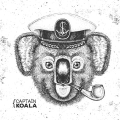 Hipster animal koala captain's cap and smoking pipe. Hand drawing Muzzle of koala © annbozhko