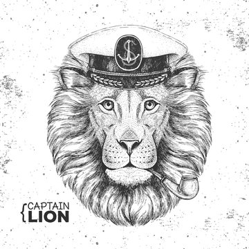 Hipster animal lion captain's cap and smoking pipe. Hand drawing Muzzle of lion