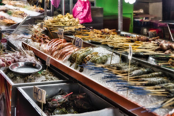 Asian food market close up fresh fofd ready to be coked