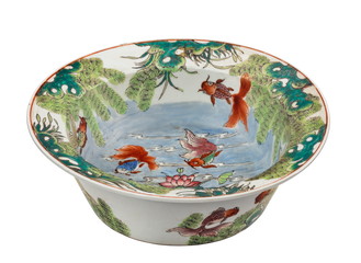 Japenese porcelain goldfish bowl isolated