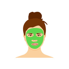 Woman with natural nourishing green mask on her face isolated on white background