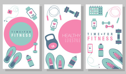 Social media templates designs. Fitness equipment: dumbbells, snickers, player, phone, watch, bottle, weight, jump rope. Fitness sport symbols. Gym workout equipment. Frame design templates. Vector