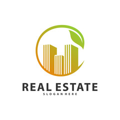 Nature Building Idea logo template, Modern City with Leaf logo designs concept, Real Estate logo Vector Illustration