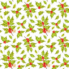 Watercolor Holly. Christmas Holly With Red Berries. Traditional festive decoration. Holly branch with red berries on white. Happy New Year. Watercolor Merry Christmas. Seamless pattern
