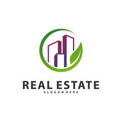 Nature Building Idea logo template, Modern City with Leaf logo designs concept, Real Estate logo Vector Illustration