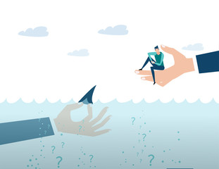 Businessmen and shark. Doubt and reality, modern business world, risk and opportunity. Man sitting on the edge of danger. Developing, taking a risk, support and solving the problem business concept