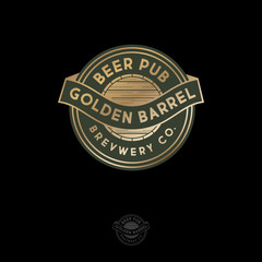 Beer Pub logo. Gold beer emblem. Beer barrel symbol and ribbon emblem. Vintage engraving style.