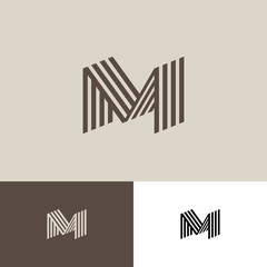 M logo. M monogram consist of folded lines. M letter on a different backgrounds.