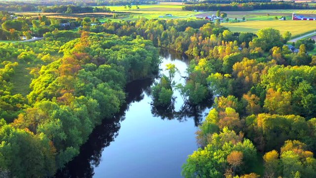 Flying Over Autumn Colors By The Oconto River, Rural Wisconsin, Aerial View.