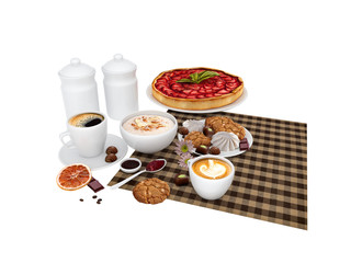 Coffee with fresh cake, cookies, chocolate and cakes