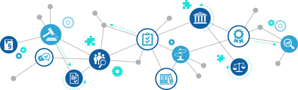 Compliance Icon Concept: Corporate Mission / Compliance Policy / Ethical Management Values Connected Icons – Vector Illustration