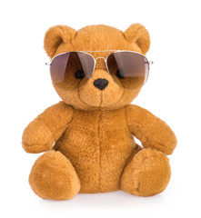 toy teddy bear wearing sunglasses isolated
