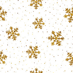 Merry Christmas snowflake pattern. Gold glitter snowflake texture on white background.