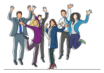 Naklejka na ściany i meble continuous line drawing of happy business team jumping joy