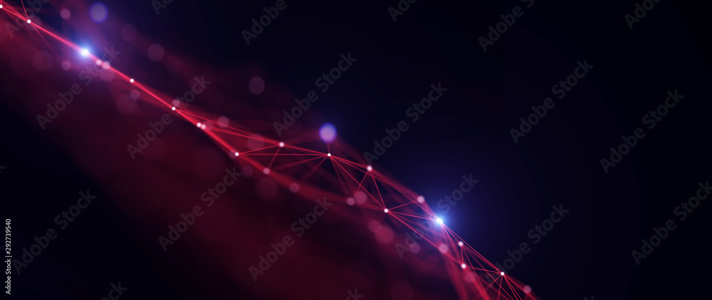 Poster Block chain network/Block chain network concept, Distributed register technology, background made of line, circles  and particles.