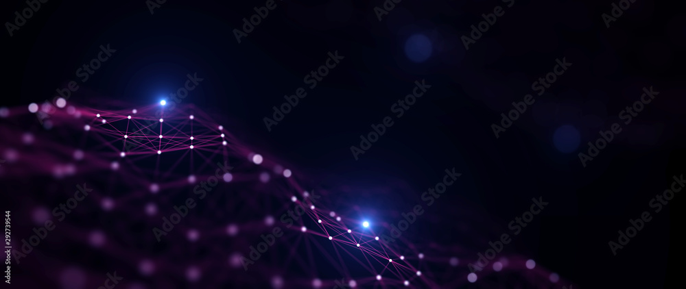 Poster Block chain network/Block chain network concept, Distributed register technology, background made of line, circles  and particles.