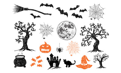Halloween symbols hand drawn illustrations. 