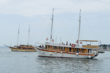 Traditional wooden sailboat in port of Split, Croatia on June 15, 2019.
