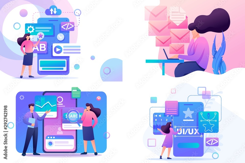 Poster set flat 2d concepts mobile app, ui ux design, super testing, send message. for concept for web desi