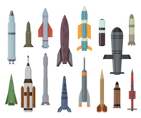 Cartoon Color Military Missilery Rocket Icon Set. Vector