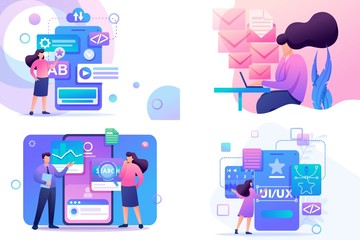 Set Flat 2D concepts Mobile app, UI UX Design, Super testing, Send message. For Concept for web design