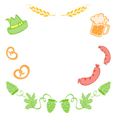 Oktoberfest, colorful vector illustrations isolated on the white background. Beer with different snacks. Traditional German festival. Poster with food and drinks.